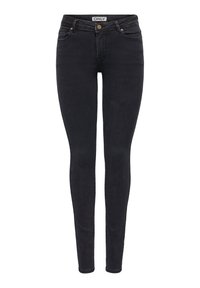 Jeans ajustados negros hechos de denim, con cierre de cremallera, botón tonificado en cobre y diseño clásico de cinco bolsillos. Textura suave con un detalle mínimo.