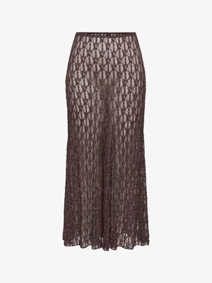 Jupe longue en dentelle marron transparente à taille haute avec motif floral, entièrement doublée dessous.