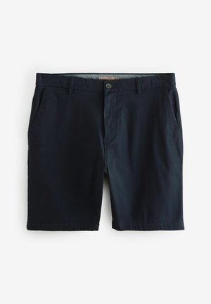 Námořnické modré šortky vyrobené z lehkého materiálu, s knoflíkovým zapínáním, bočními kapsami a rovně střiženým designem.