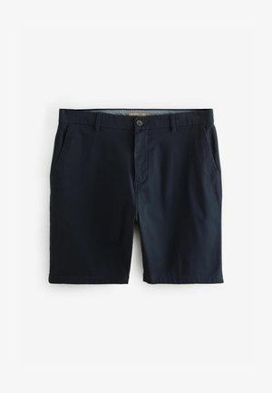Námořnické modré šortky vyrobené z lehkého materiálu, s knoflíkovým zapínáním, bočními kapsami a rovně střiženým designem.