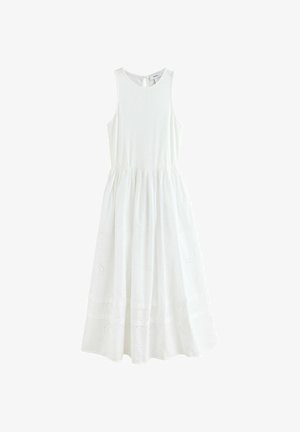 Ujjatlan fehér midi ruha kerek nyakkivágással, ráncolt derékkal, szemlyuk hímzéssel a szoknyán, és hátul gombos záródással.