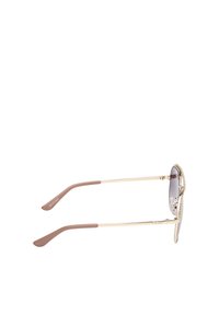 Goldene Sonnenbrille mit rundem Rahmen, gradienten grauen Gläsern und braunen gummierten Bügelenden. Mit einer strukturierten Metallakzentuierung entlang des Rahmens.