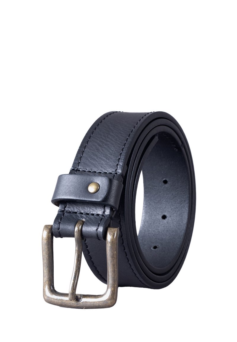 Black leather belt featuring a simple silver-toned buckle, with visible stitching and adjustable holes along the strap’s length.