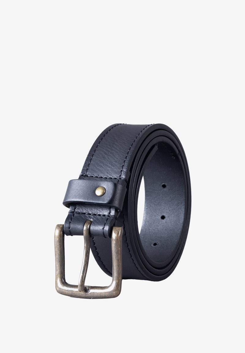 Black leather belt featuring a simple silver-toned buckle, with visible stitching and adjustable holes along the strap’s length.