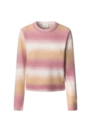 Gebreide trui met lange mouwen, met horizontale strepen in roze, wit en geel. Ronde halslijn met een klein merkembleem aan de zijkant.