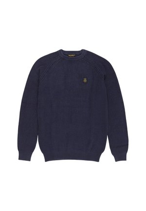 Maglione lavorato a maglia blu navy con collo rotondo, maniche lunghe, polsini e orlo a coste, e un piccolo logo ricamato sulla parte sinistra del petto.