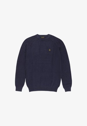 Maglione lavorato a maglia blu navy con collo rotondo, maniche lunghe, polsini e orlo a coste, e un piccolo logo ricamato sulla parte sinistra del petto.