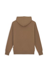 Felpa in cotone marrone con tasca a marsupio, orlo e polsini a costine, e una texture morbida. Presenta un retro di lunghezza media e un cappuccio con coulisse.