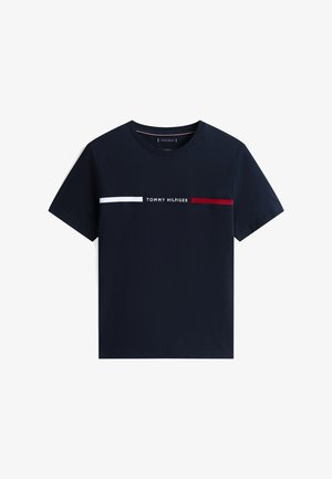 Tengerészkék rövid ujjú póló fehér és piros vízszintes csíkokkal, középen a mellrészen "Tommy Hilfiger" logóval.