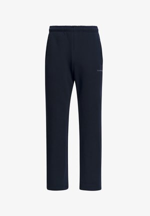 Mörkblå sweatpants gjorda av mjukt material, med elastisk midja, sidofickor och en logotypdetalj på vänster sida.