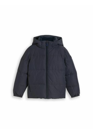 Giacca imbottita con cappuccio blu scuro con cerniera frontale e polsini elasticizzati, progettata per il freddo.