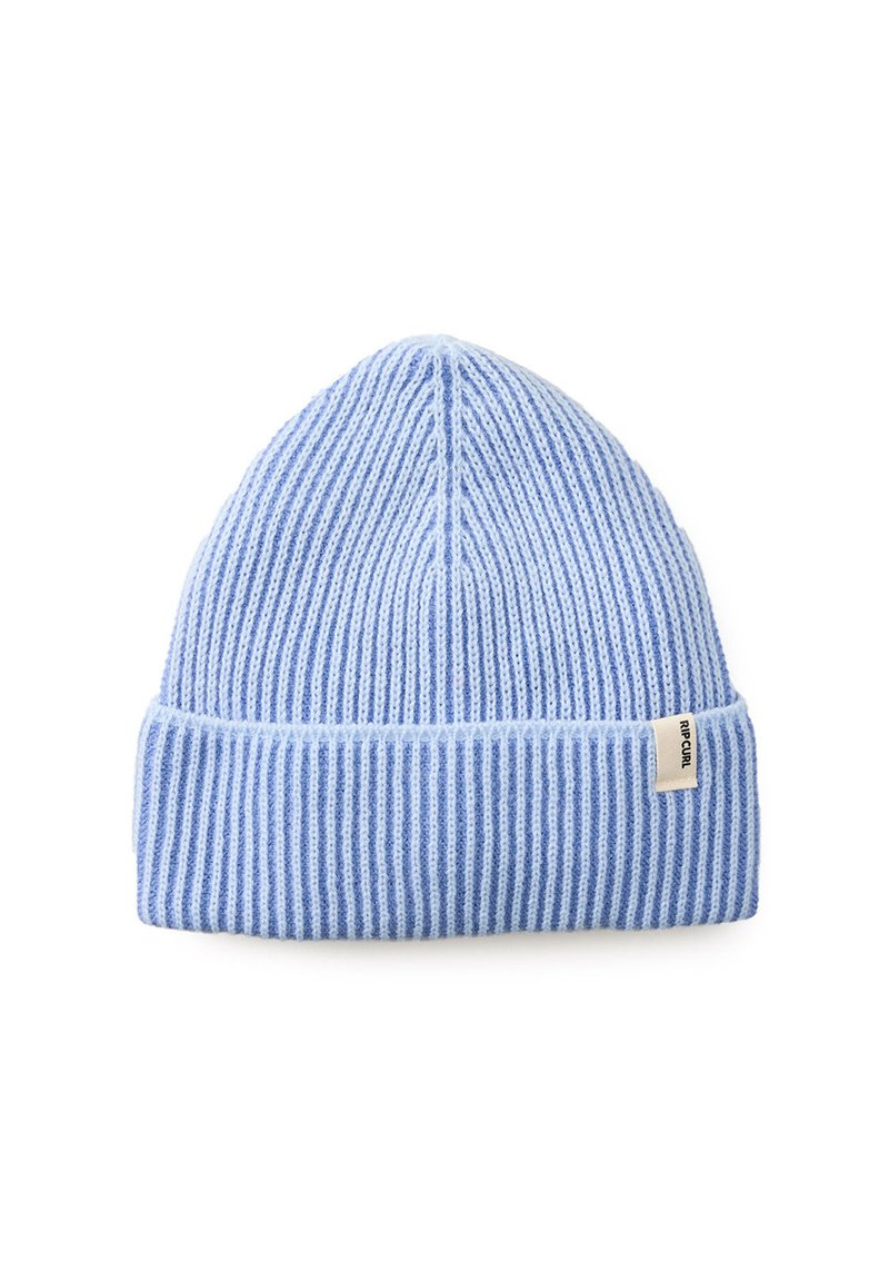 Gorro de punto acanalado azul con puño plegado. Presenta rayas en azul claro y oscuro. Incluye una pequeña etiqueta de la marca cosida en el lateral.