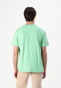 Homme portant un t-shirt vert clair uni à manches courtes et un pantalon beige, debout de dos face à la caméra sur un fond blanc.