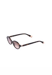 Lunettes de soleil rondes en écaille avec verres à dégradé marron et détails dorés sur les branches.