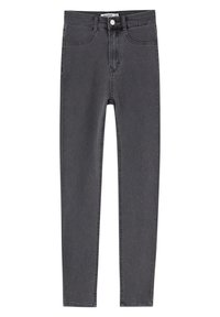 Jeans skinny en denim gris foncé, présentant un design 5 poches classique, une fermeture à bouton sur le devant et des lignes épurées. Texture lisse avec un minimum de détails.