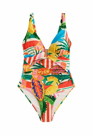 One-piece swimsuit featuring bright, multicolored tropical print with floral and striped patterns, v-neck design, and center twist detail.