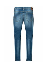 Blauwe denim jeans met een slim fit, gekenmerkt door een gladde textuur, twee achterzakken en subtiele vervaging. De tailleband heeft een leren accent.