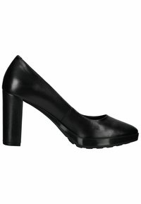 Chaussure à talon haut noire avec une tige en cuir lisse, un bout arrondi et un talon bloc épais. Présente un design sans lacets et une semelle en caoutchouc pour l'adhérence.