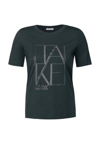 Tmavě zelené bavlněné tričko s krátkým rukávem, s grafickým potiskem s textem "TAKE a new DIRECTION" ve stříbrné a černé barvě.