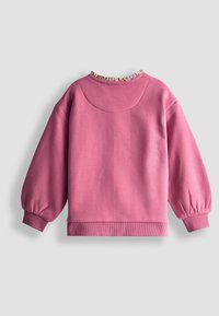 Rosa Sweatshirt mit puffigen Ärmeln, gerippten Bündchen und Saum. Blumendesign akzentuiert den Kragen. Glatte Textur, lässiger Schnitt.
