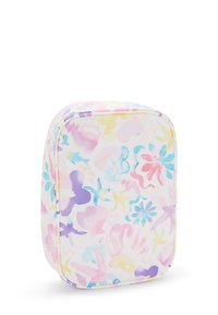 Mjuk resväska i pastellfärger med ett blommönster som inkluderar snäckor och sjöstjärnor. Dragkedjestängning, rektangulär form, lätt material.