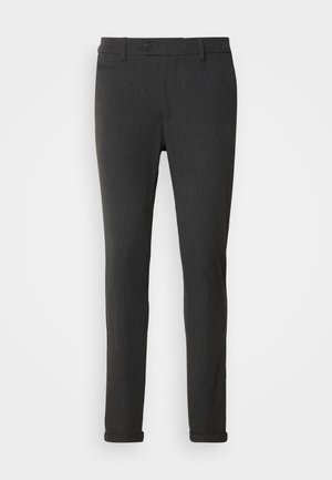 Dark gray trousers with a slim fit, featuring a button closure, belt loops, and front pockets. Fabric has a textured finish.