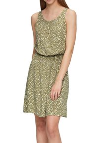 Ärmlös klänning i olivgrön tyg med vita prickar, med en rynkad halsringning och ett elastiskt midjeband för en avslappnad passform.