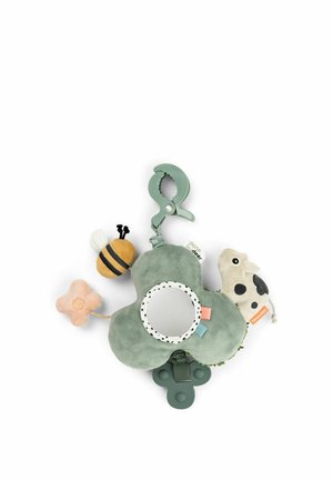 Mäkká plyšová detská hračka zelené farby so sponou, zrkadielkom, tvarmi včielky, kvetu, kravičky a s prísavkou na hryzenie, určená pre senzorickú hru a použitie v kočíku.