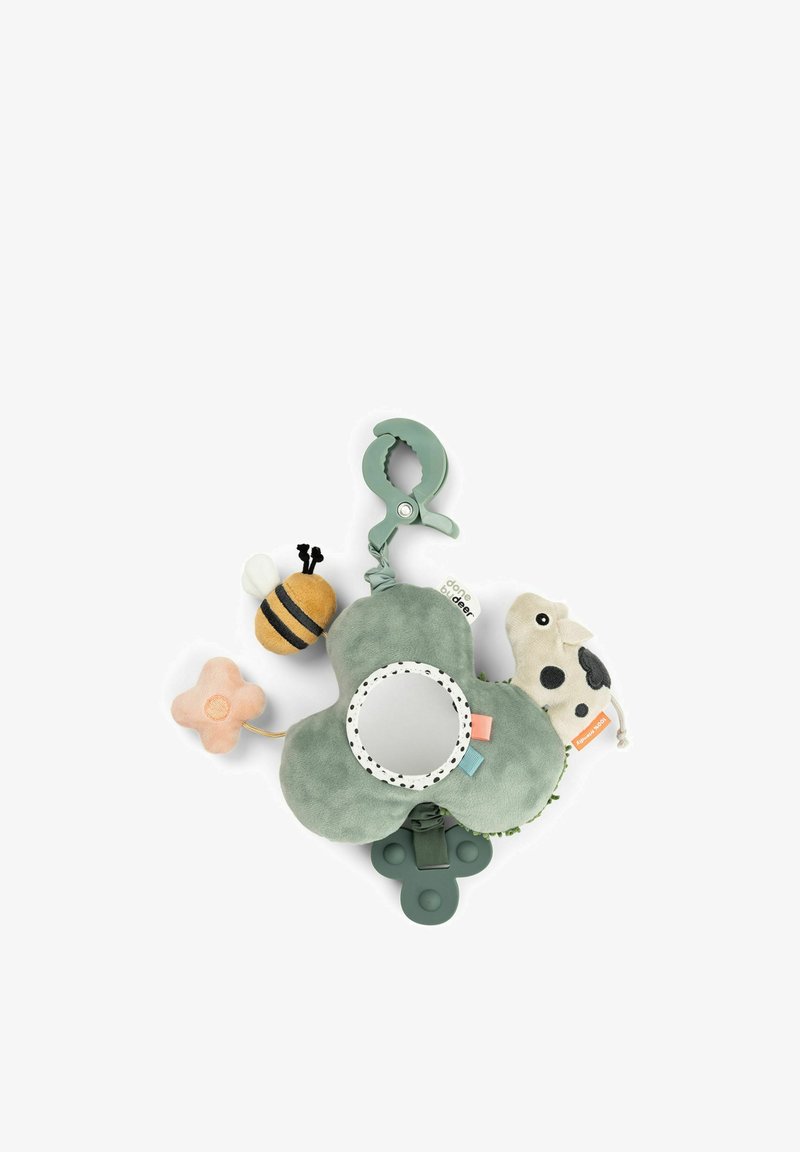 Jouet pour bébé en peluche douce verte avec clip, miroir, formes d'abeille, fleur, vache et accessoire de dentition pour le jeu sensoriel et l'utilisation en poussette.