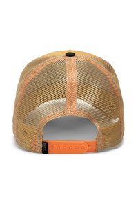 Cappellino a rete color sabbia con chiusura in plastica arancione, caratterizzato da una forma arrotondata e da una delicata cucitura di contrasto lungo la linea mediana.