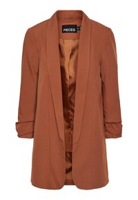 Blazer marron avec une doublure intérieure en satin, devant ouvert et manches légèrement froncées. Design simple sans fermetures visibles ni motifs.