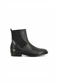 Stivale alla caviglia in pelle nera con tacco basso, pannello elastico laterale e linguetta sul retro, mostrato in profilo laterale su sfondo bianco.