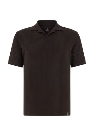 Donkerbruin poloshirt met korte mouwen, voorzien van een subtiele verticale geribbelde textuur en een open kraag, met een klein label aan de onderzoom.