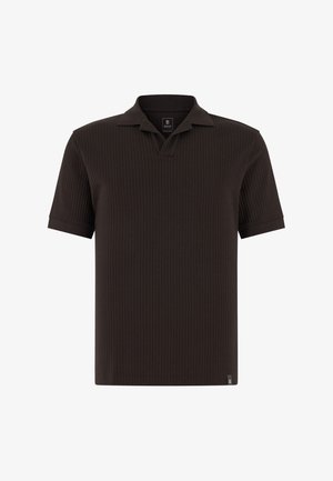 Donkerbruin poloshirt met korte mouwen, voorzien van een subtiele verticale geribbelde textuur en een open kraag, met een klein label aan de onderzoom.