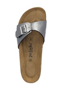 Silver faux leather slide sandal with a single adjustable buckle, textured footbed, and a brown contoured sole. Marked with "Palado."