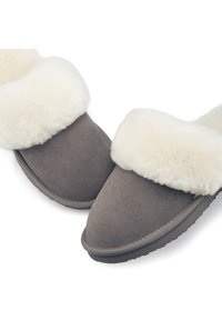 Gray suede slippers featuring a soft white faux fur cuff and a flat rubber sole, designed for comfort and warmth.