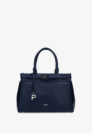 Navy blue textured leather handbag with dual handles, silver clasp lock, hanging letter P accent, and small brand logo centered below.