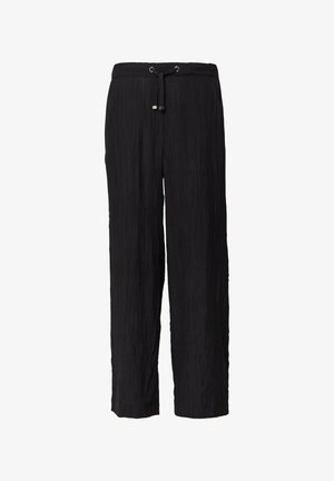 Pantaloni neri a gamba larga realizzati in tessuto testurizzato. Presentano una vita elasticizzata con cordoncino e dettagli in metallo color argento.