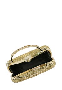 Goldene Clutch-Tasche mit strukturiertem Oberflächen, verziert mit klaren Strasssteinen, ausgestattet mit einem Verschluss und zwei Griffen. Das Innere ist schwarz.