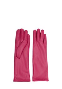 Rosa läderhandskar med en slät yta, med en figursydd design och separeringar för varje finger, inklusive tummen.