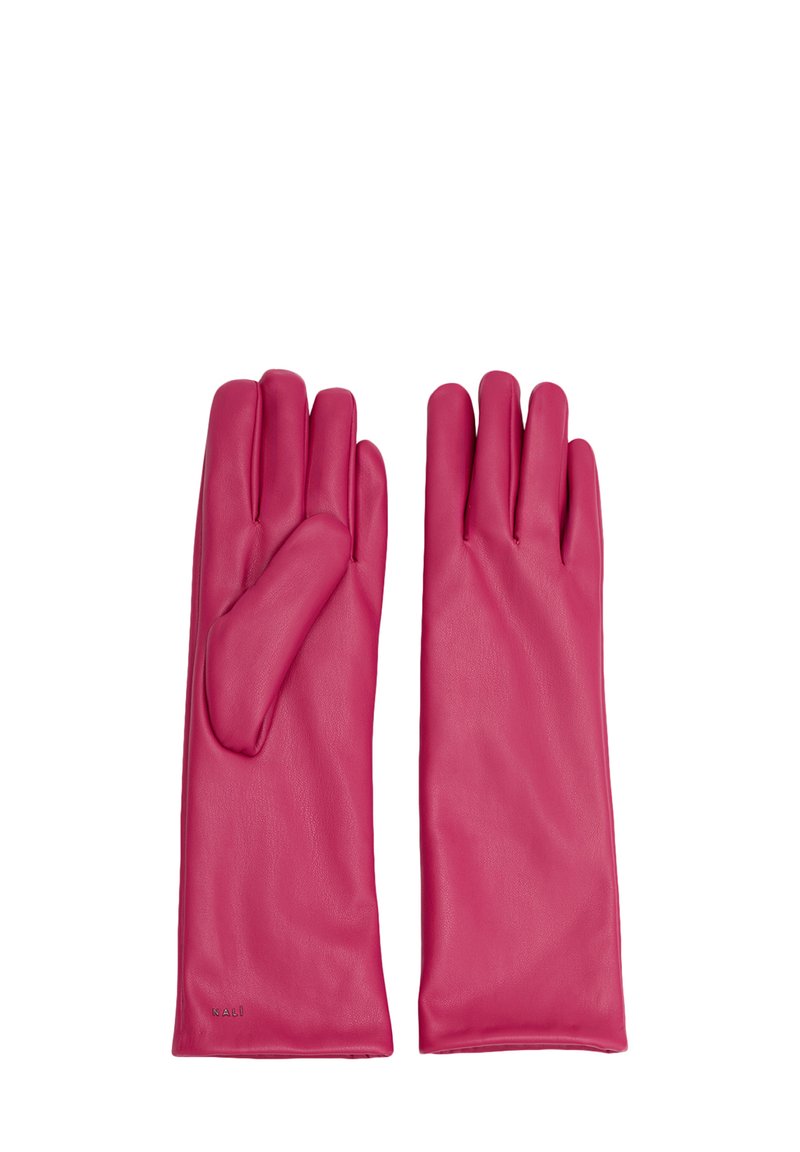 Rosa läderhandskar med en slät yta, med en figursydd design och separeringar för varje finger, inklusive tummen.