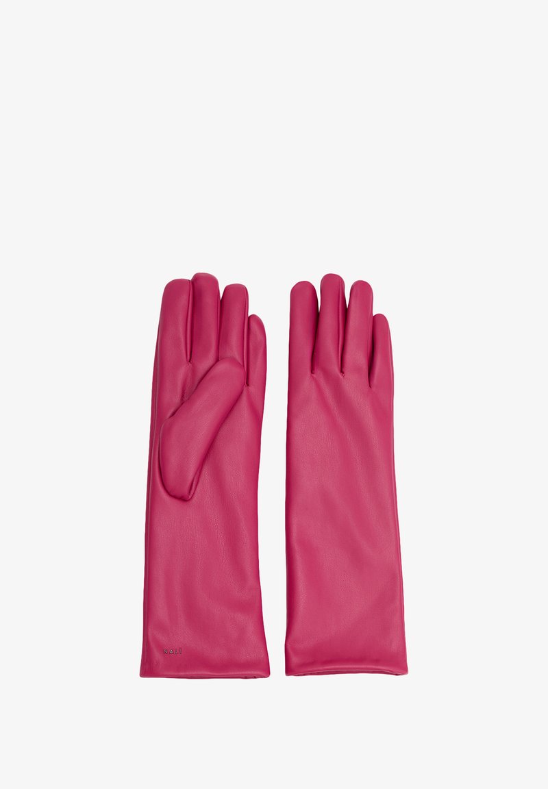 Roze leren handschoenen met een gladde textuur, met een nauwsluitend ontwerp en aparte compartimenten voor elke vinger, inclusief de duim.