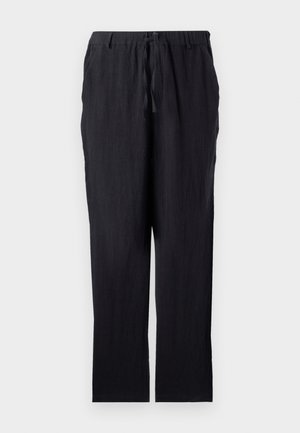 Black linen pants with a drawstring waistband, straight leg design, and two pockets, featuring a lightweight and breathable texture.