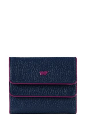 Portafoglio in pelle blu navy con finitura texturizzata, caratterizzato da una bordatura magenta e un piccolo logo impresso sul fronte. Due scompartimenti visibili.