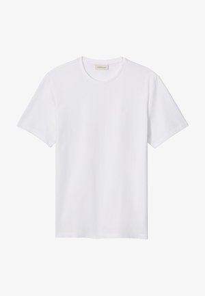 Bijela pamučna majica kratkih rukava, okruglog izreza i suptilnim logotipom na prsima. Ugladak tekstura i klasičan kroj.