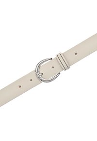 Cintura in pelle crema con fibbia rotonda in argento e due passanti per cintura, mostrata diagonalmente su uno sfondo bianco.