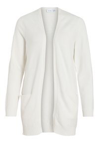 Cardigan largo blanco con apertura frontal, puños y dobladillo acanalados, hecho de un suave tejido de punto, con dos bolsillos frontales para mayor funcionalidad.