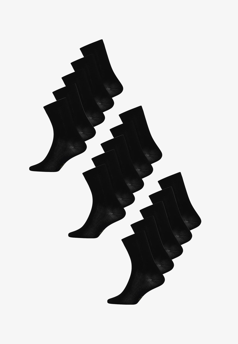 Sorte sokker med en glat tekstur og et klassisk crew-design. Inkluderer flere par arrangeret i en stablet opsætning.