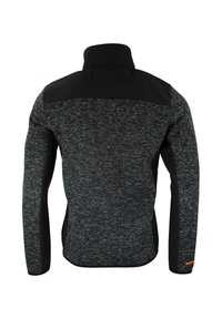 Sort og struktureret grå jakke med lange ærmer, høj krave og kontrasterende sorte paneler på skuldre og sider. Har et orange logo på ærmet.