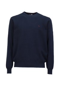 Marineblauer Pullover aus strukturiertem Stoff mit rundem Halsausschnitt, langen Ärmeln und einem kleinen roten Logo auf der Brust. Klassische Passform.